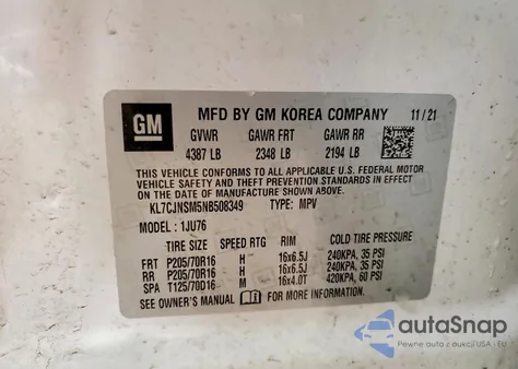 2022 Chevrolet Trax Ls из США, поврежденный, VIN KL7CJNSM5NB508349